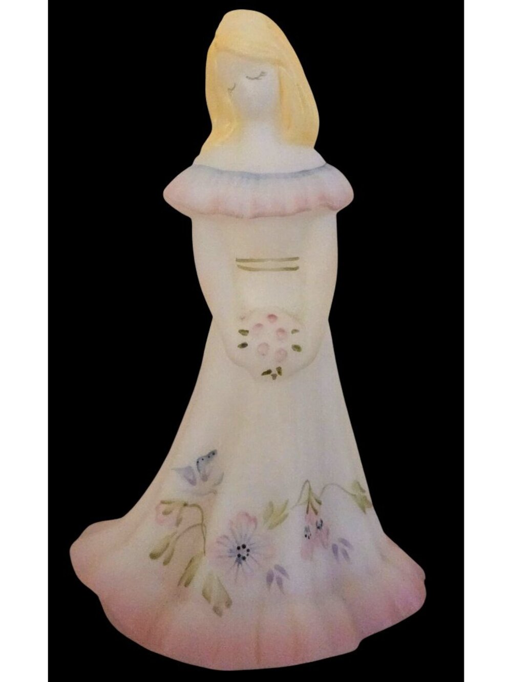 Fenton Hand Painted White Satin Glass Bridesmaid  Figurine Signed By K. Brightbi